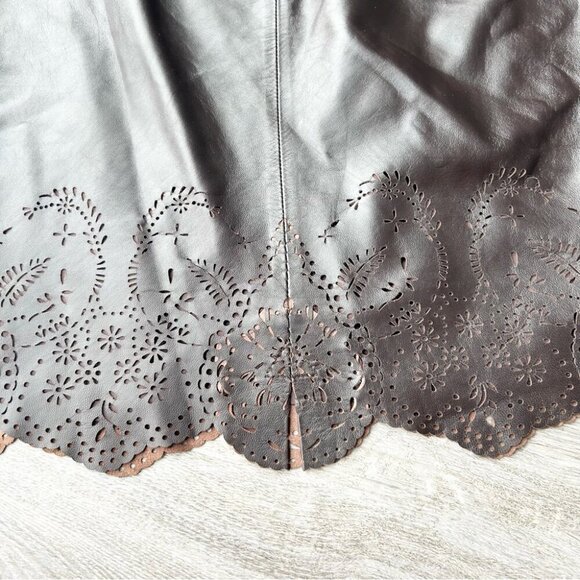 Peter Nygard Brown Buttery Leather Laser Cutout Hem Midi Skirt - Picture 11 of 13